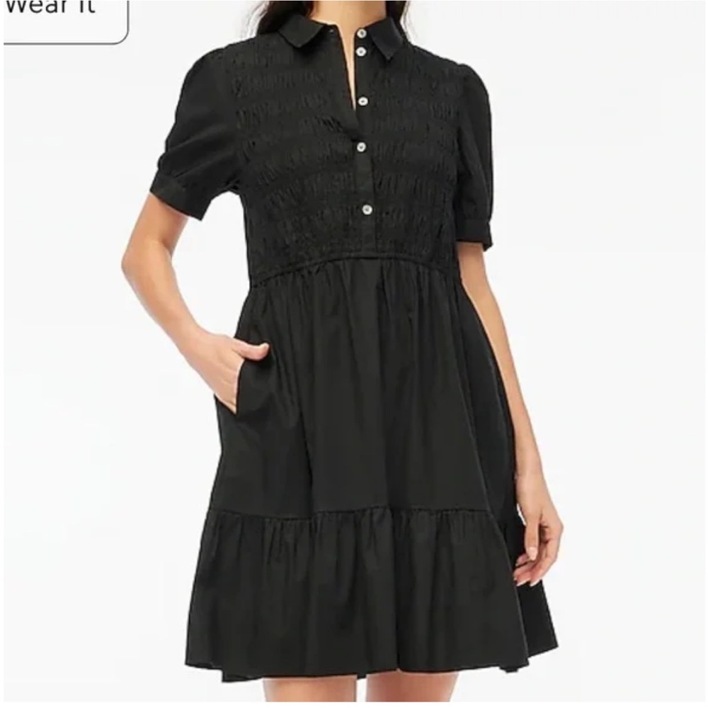 J. Crew Black Short-Sleeve Smocked Mini Dress